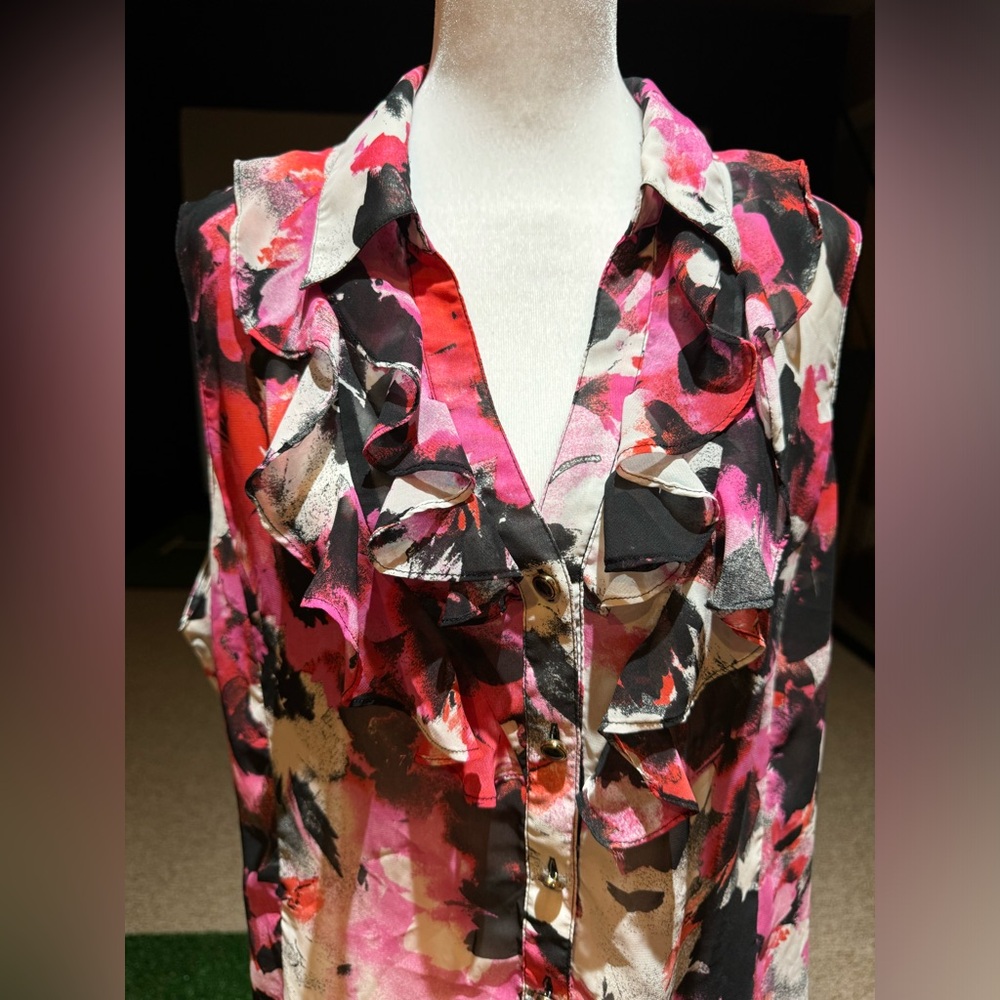 Tahari Multicolor Printed Ruffle Top Sleeveless Size XL - Picture 5 of 14